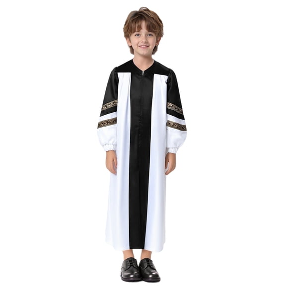 TiaoBug Boys Girls Long Sleeve Praise Church Choir Robe Embroidered Color Block Maxi Gown for Graduation Black 10
