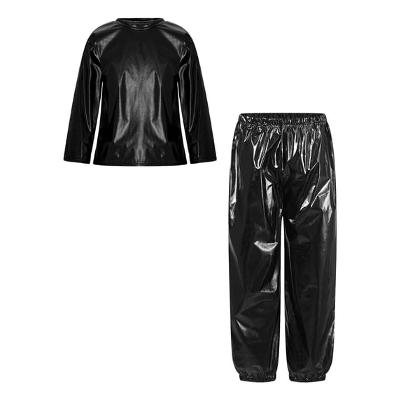 TiaoBug Boys Girls Modern Hip Hop Jazz Dance Outfit Shiny Metallic Long Sleeve T-Shirt with Pants Set Black 110