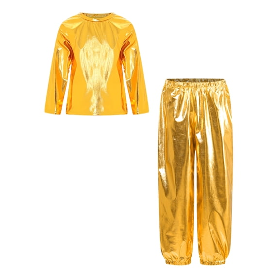 TiaoBug Boys Girls Modern Hip Hop Jazz Dance Outfit Shiny Metallic Long Sleeve T-Shirt with Pants Set Gold 180
