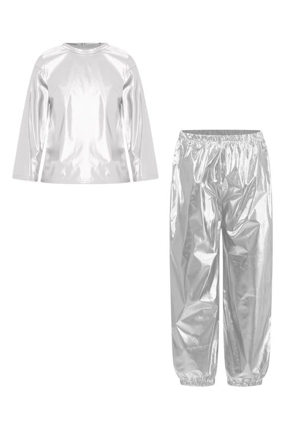 Boys Girls Modern Hip Hop Jazz Dance Outfit Shiny Metallic Long Sleeve T-Shirt with Pants Set Silver 120