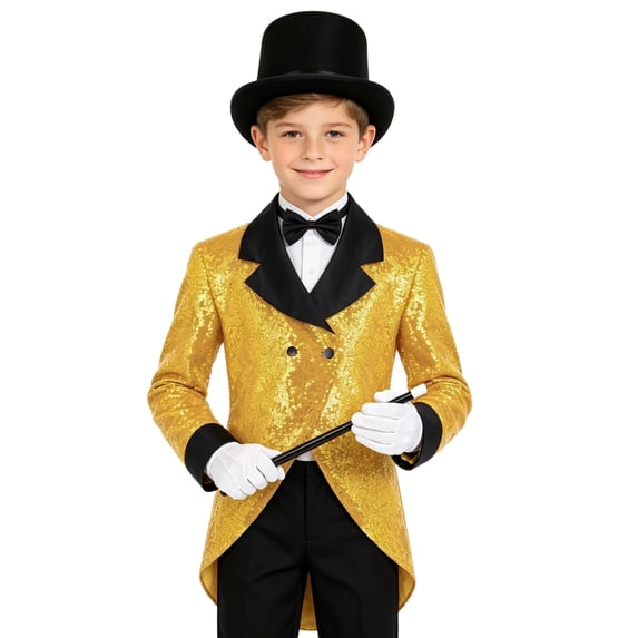 TiaoBug Boys Sequin Tailcoat Classic Fit Tuxedo Suit Jacket Party Show Magician Outfit with Hat Gloves Magic Wand Gold 16