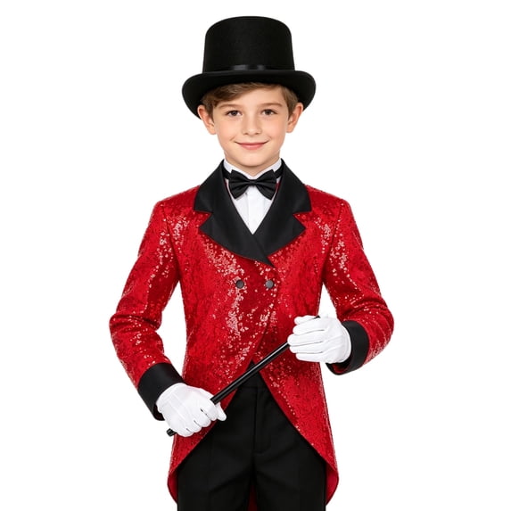 TiaoBug Boys Sequin Tailcoat Classic Fit Tuxedo Suit Jacket Party Show Magician Outfit with Hat Gloves Magic Wand Red 12