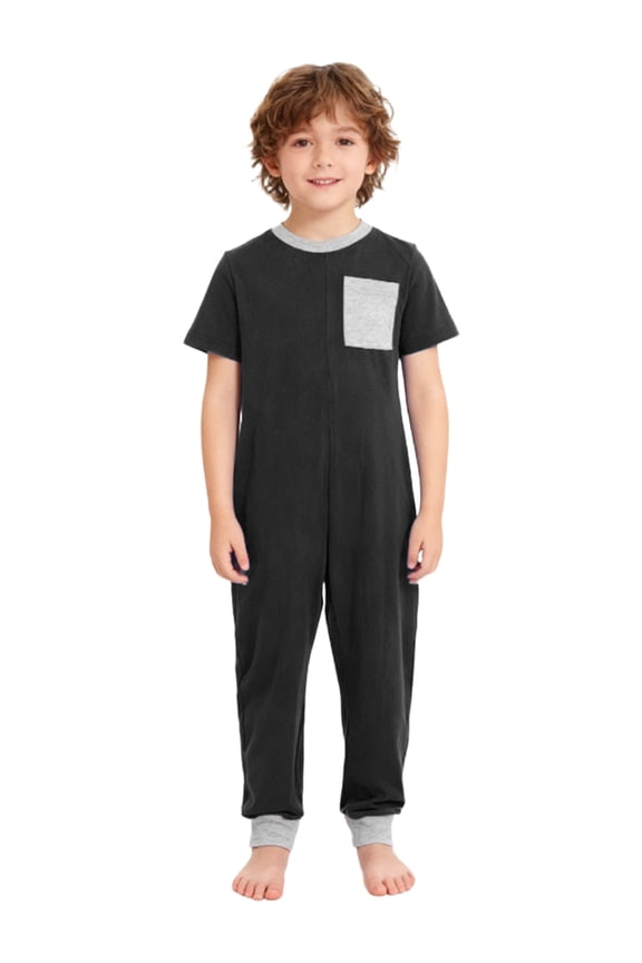 Boys Short Sleeve Zip Back Jumpsuit Special Needs Anti-Strip Romper Adaptive Clothing for Children Black 16