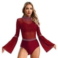 thumbnail image 1 of TiaoBug Women Gymnastics Leotard Flare Sleeve Backless Rhinestone Skating Bodysuit Dancewear Burgundy M, 1 of 7