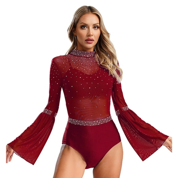 TiaoBug Women Gymnastics Leotard Flare Sleeve Backless Rhinestone Skating Bodysuit Dancewear Burgundy M