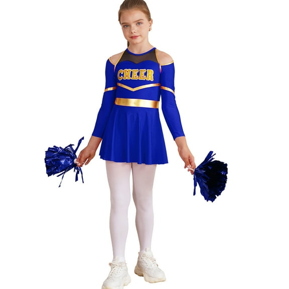 TiaoBug Cheer Leader Costume for Kids Girls Cheerleading Outfits Uniform Dance Dress with Pom Poms Royal Blue 16
