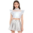 thumbnail image 1 of TiaoBug Cheerleading Outfits for Girls Shiny Metallic Crop Top with Skirt Jazz Latin Ballroom Dance Dress Silver 16, 1 of 7