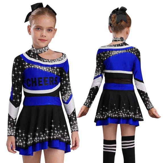 TiaoBug Cheerleading Outfits for Kids Girls Long Sleeve Mock Neck Rhinestones Cheer Top with Mini Skirt Set Blue 8