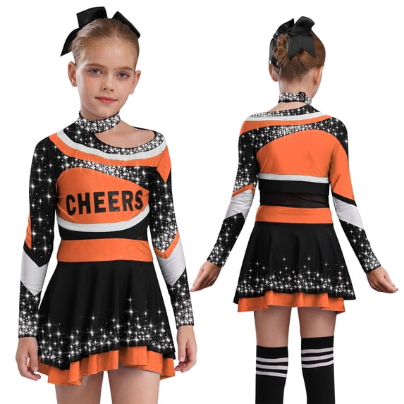 TiaoBug Cheerleading Outfits for Kids Girls Long Sleeve Mock Neck Rhinestones Cheer Top with Mini Skirt Set Orange 16