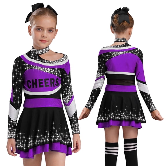 TiaoBug Cheerleading Outfits for Kids Girls Long Sleeve Mock Neck Rhinestones Cheer Top with Mini Skirt Set Purple 10