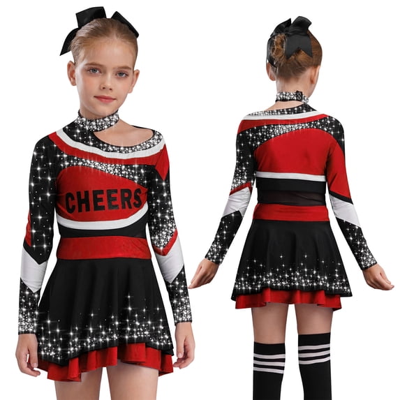 TiaoBug Cheerleading Outfits for Kids Girls Long Sleeve Mock Neck Rhinestones Cheer Top with Mini Skirt Set Red 12