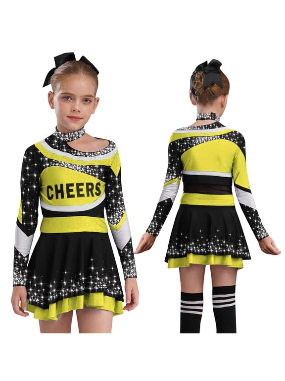 Cheerleading Outfits for Kids Girls Long Sleeve Mock Neck Rhinestones Cheer Top with Mini Skirt Set Yellow 10