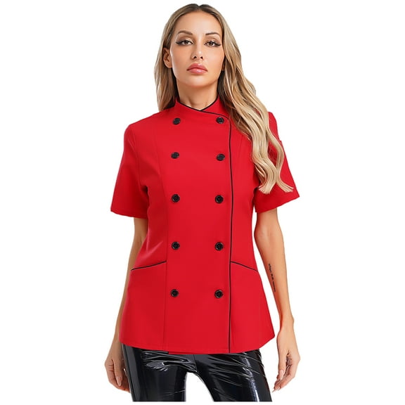 TiaoBug Chef Coat only Women's Short Sleeve Chef Jacket Restaurant Kitchen Cooking Chef Shirt Top Uniform Coat Red S