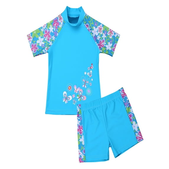 TiaoBug Child Girls 2PCS Tankini Swimsuit Short Sleeve Tropical Floral Printed Top with Shirt Set Swimwear Wetsuit