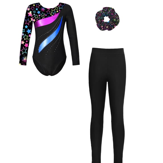 TiaoBug Child Girls Active Bodysuit Tumbling Biketards with Headwear Ballet Dance Outfits Skating Jumpsuit Star Black B 6