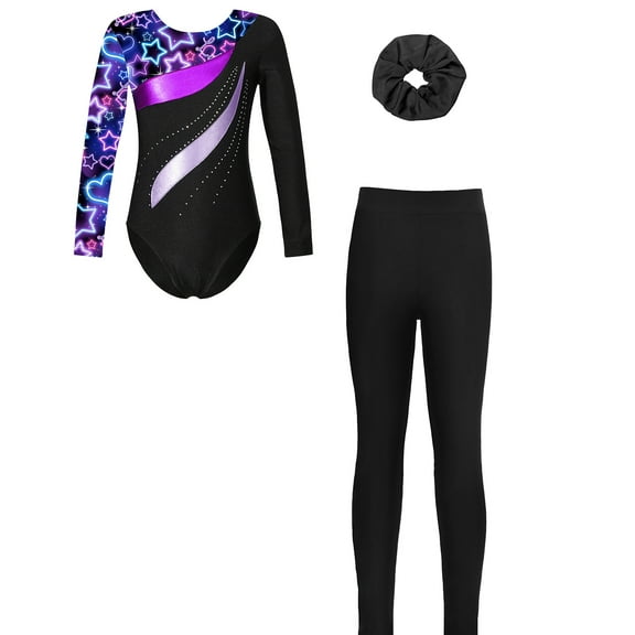 TiaoBug Child Girls Active Bodysuit Tumbling Biketards with Headwear Ballet Dance Outfits Skating Jumpsuit Starry Sky Black 8