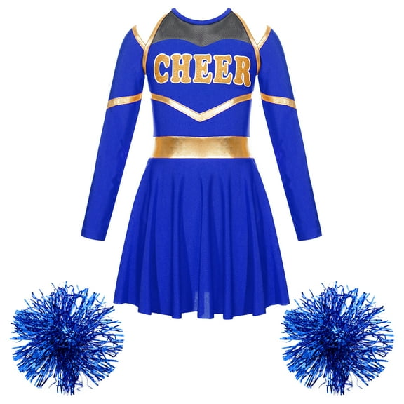 TiaoBug Child High School Girls Cheerleading Costume Cheer Leader Performance Dress with Pom Poms Royal Blue 16