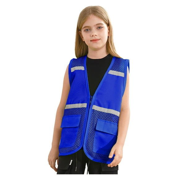 TiaoBug Child High Visibility Safety Vests with Zipper Front Reflective Mesh Work Construction Safety Vest Blue 5-6