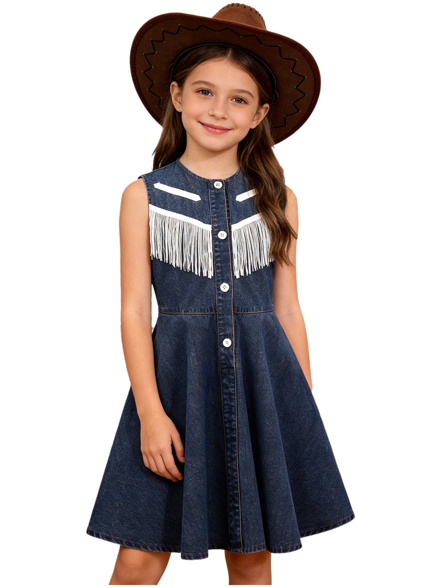 TiaoBug Children Western Cowgirl Dress Jeans Denim Fringe Tassels
