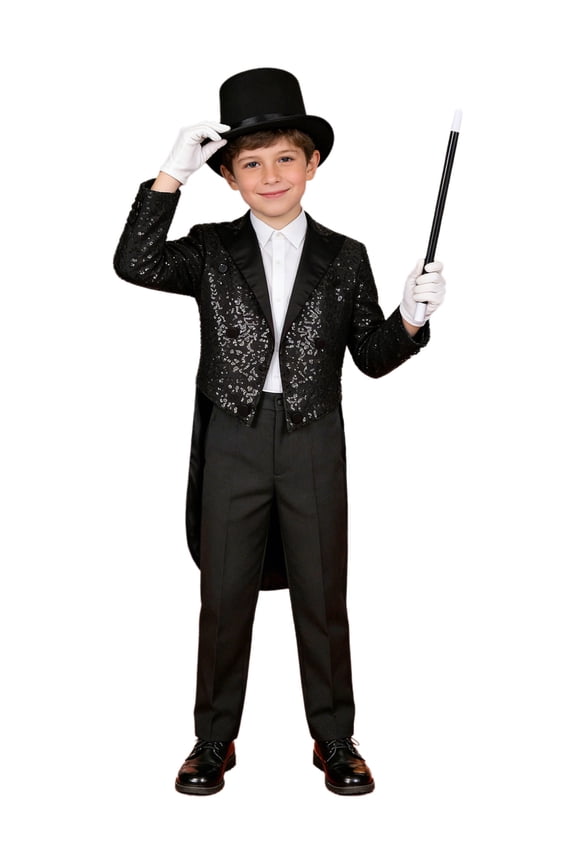 Children's Magician Outfits 4Pcs Long Sleeve Sequins Tailcoat with Hat Magic Wand Gloves Set Black 10