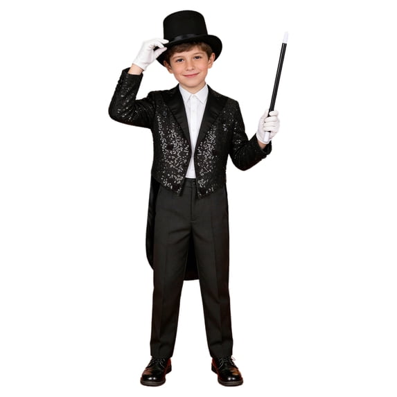 TiaoBug Children's Magician Outfits 4Pcs Long Sleeve Sequins Tailcoat with Hat Magic Wand Gloves Set Black 6