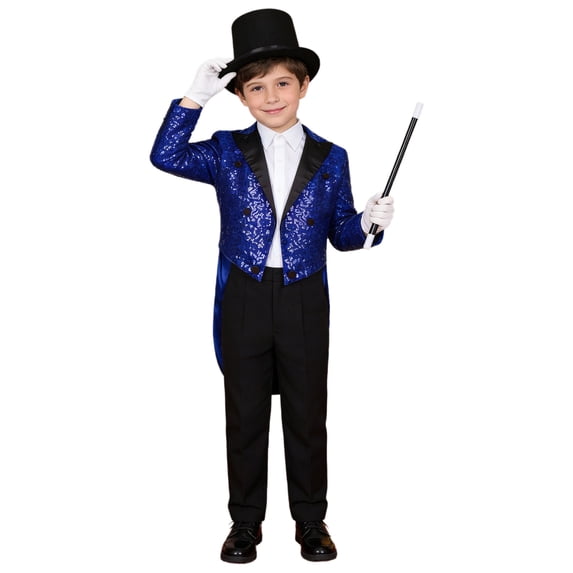 TiaoBug Children's Magician Outfits 4Pcs Long Sleeve Sequins Tailcoat with Hat Magic Wand Gloves Set Blue 14