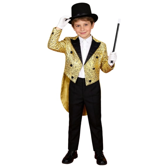 TiaoBug Children's Magician Outfits 4Pcs Long Sleeve Sequins Tailcoat with Hat Magic Wand Gloves Set Gold 6