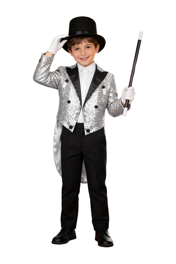 Children's Magician Outfits 4Pcs Long Sleeve Sequins Tailcoat with Hat Magic Wand Gloves Set Silver 10