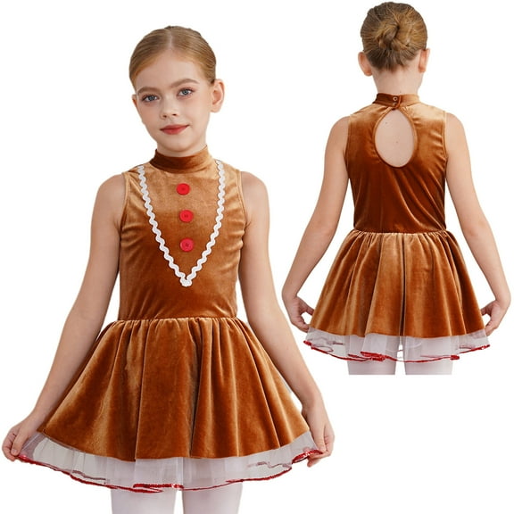 TiaoBug Christmas Gingerbread Costume for Kids Girls Cookie Role Play Velvet Tutu Dress Dancewear Brown 10