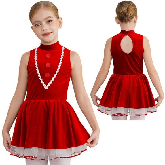 TiaoBug Christmas Gingerbread Costume for Kids Girls Cookie Role Play Velvet Tutu Dress Dancewear Red 14