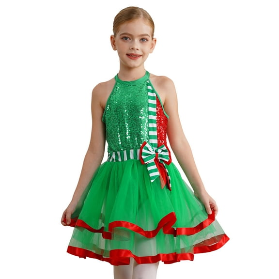 TiaoBug Christmas Sparkly Dress for Girls Striped Sequins Ballet Leotard Dance Tutu Dress Green 14