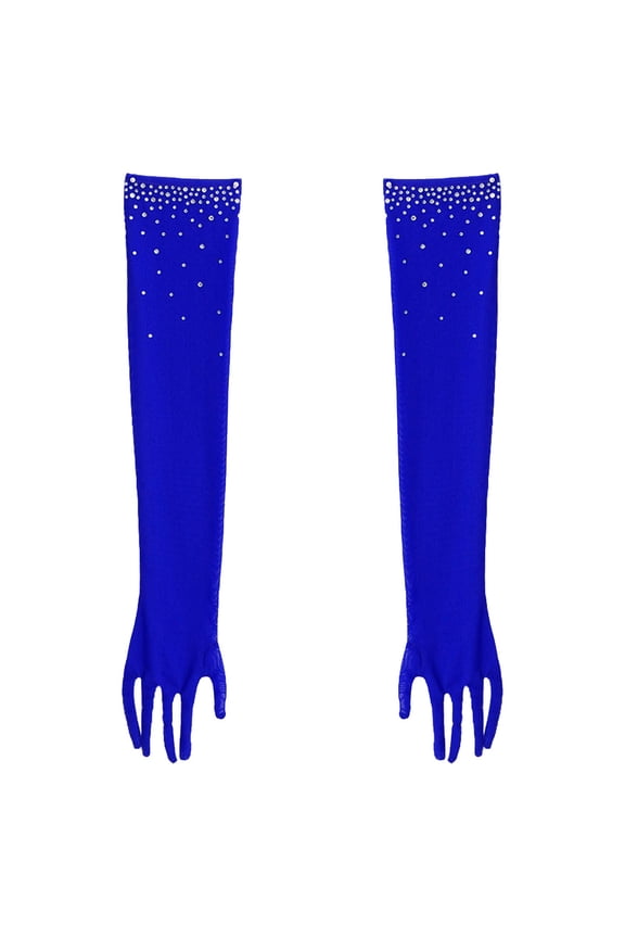 Elbow Length Rhinestones Full Finger Long Opera Gloves for Party Prom Dance Concert Stage Shows Evening Banquet Blue 16