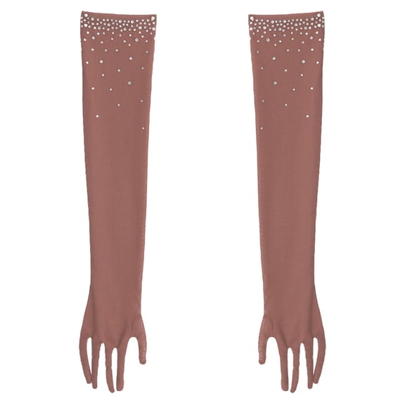 TiaoBug Elbow Length Rhinestones Full Finger Long Opera Gloves for Party Prom Dance Concert Stage Shows Evening Banquet Dusty Pink 12