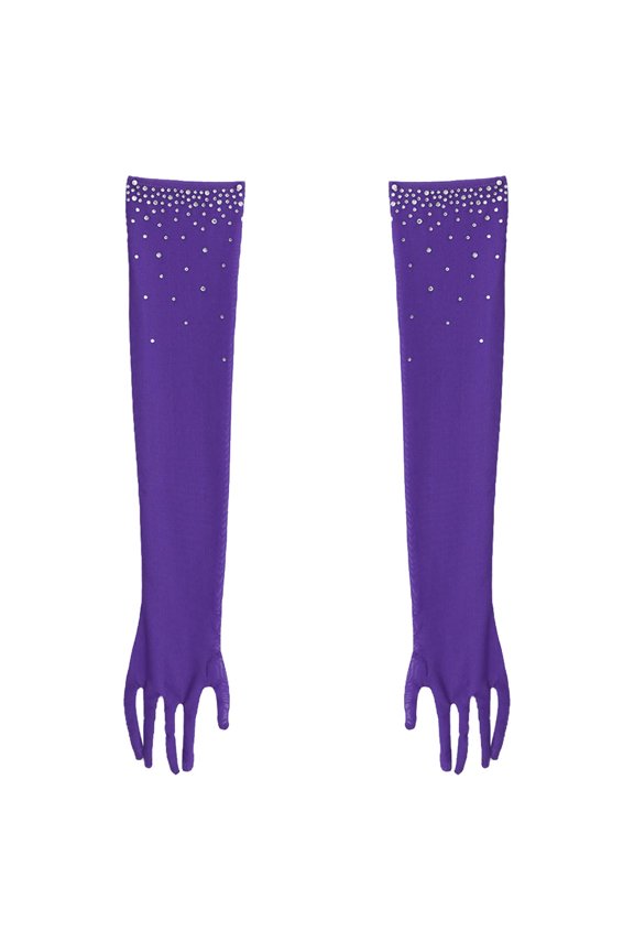 Elbow Length Rhinestones Full Finger Long Opera Gloves for Party Prom Dance Concert Stage Shows Evening Banquet Purple 6