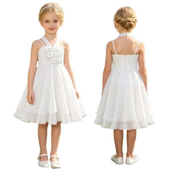 TiaoBug Elegant Chiffon Flower Girl Dress Halter Neck 3D Appliques Sleeveless Wedding Bridesmaid Pageant Party Gown White 10