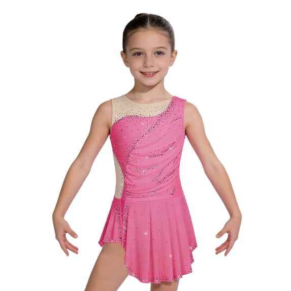 TiaoBug Figure Ice Skating Dress for Girls Sleeveless Rhinestones Tank Leotard Irregular Ballet Tutu Dress Hot Pink 6