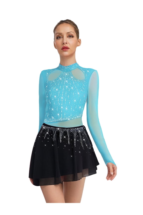Figure Ice Skating Dress for Women Long Sleeve Mesh Rhinestones Competition Lyrical Chiffon Skirt Leotard Light Blue M