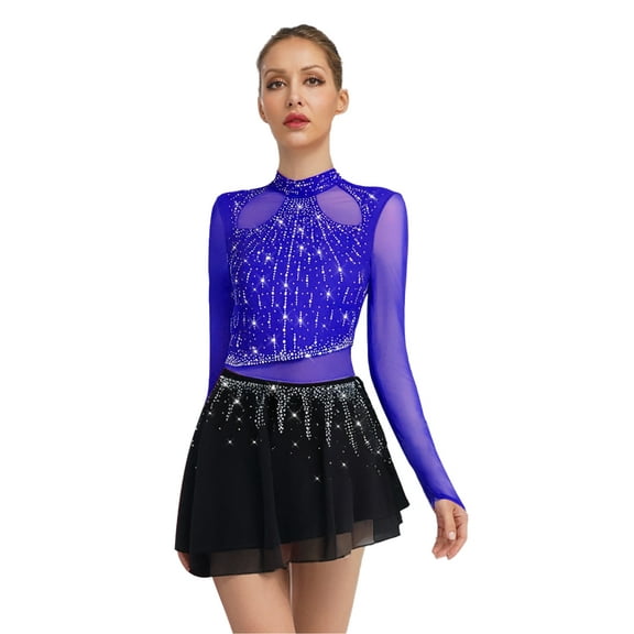 TiaoBug Figure Ice Skating Dress for Women Long Sleeve Mesh Rhinestones Competition Lyrical Chiffon Skirt Leotard Royal Blue S