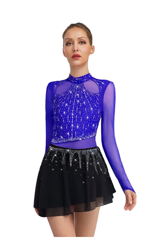 Figure Ice Skating Dress for Women Long Sleeve Mesh Rhinestones Competition Lyrical Chiffon Skirt Leotard Royal Blue S