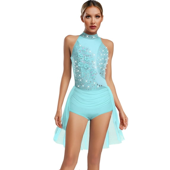 TiaoBug Figure Skating Dress for Women Ballet Lyrical Dance Dress Flower Applique Gymnastics Leotard Dancewear Light Blue S
