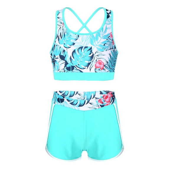 TiaoBug Flower Girls Back Crisis Cross Tank Top with Shorts Two Piece Gymnastics/Dance/Sports/Swim Green Palm Leaf 8
