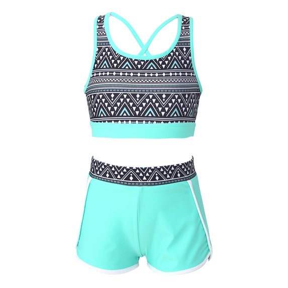 TiaoBug Flower Girls Back Crisis Cross Tank Top with Shorts Two Piece Gymnastics/Dance/Sports/Swim Mint Green 16