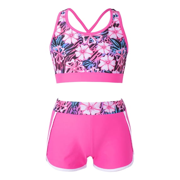 TiaoBug Flower Girls Back Crisis Cross Tank Top with Shorts Two Piece Gymnastics/Dance/Sports/Swim Rose Red 10