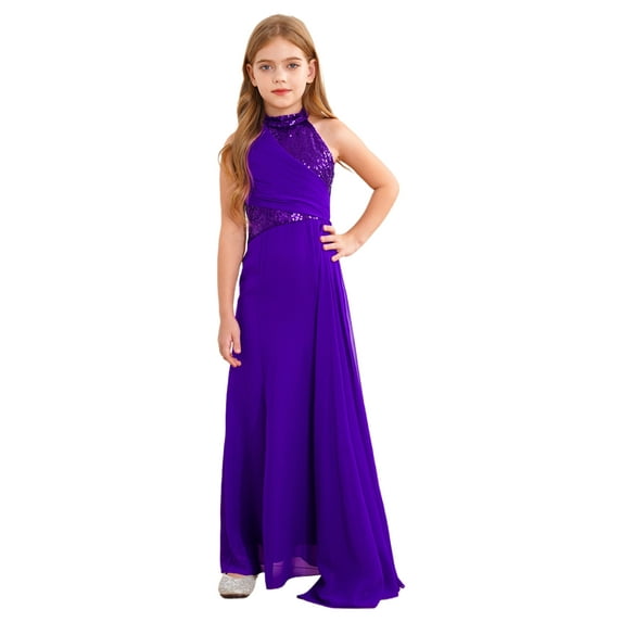 TiaoBug Flower Girls Halter Neck Sequin Wedding Pageant Maxi Dress Kids Prom Ball Gown Purple 12