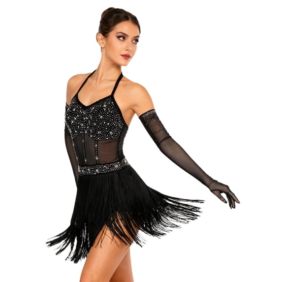 TiaoBug Fringed Leotard for Women Shiny Tassel Latin Dance Dress Tango Bodysuit with Long Gloves Set Black M