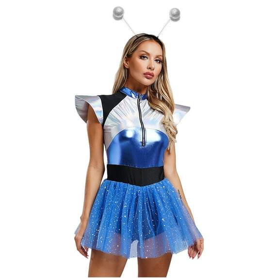 TiaoBug Galatic Alien Babe Costume for Women Tulle Skirt Leotard Astronaut Halloween Outfits Blue L