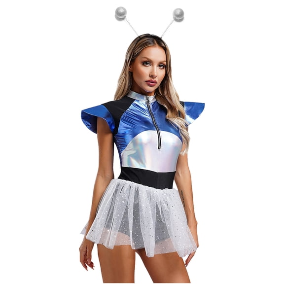 TiaoBug Galatic Alien Babe Costume for Women Tulle Skirt Leotard Astronaut Halloween Outfits Silver 3XL
