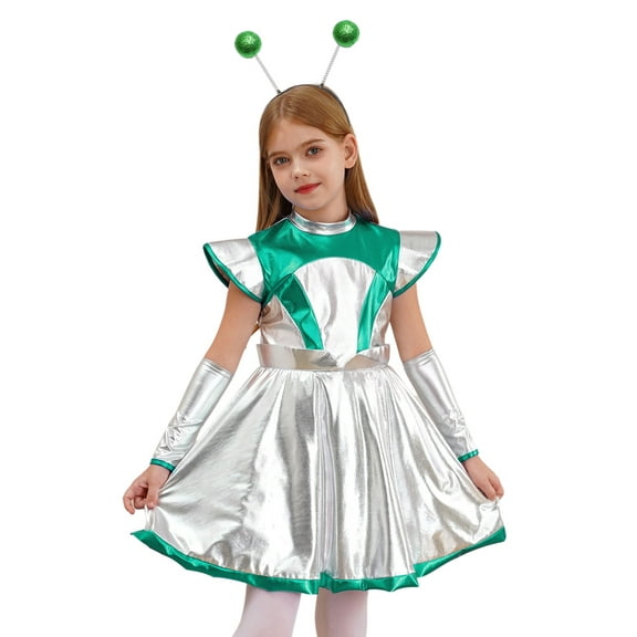 TiaoBug Girl Alien Costume Halloween Costume Fancy Dress Up Outfit Glossy Dress with Arm Sleeve Hair Hoop Green 16