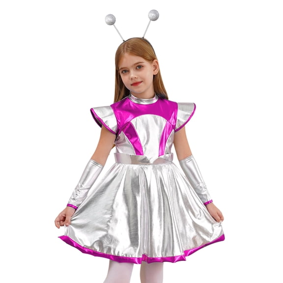 TiaoBug Girl Alien Costume Halloween Costume Fancy Dress Up Outfit Glossy Dress with Arm Sleeve Hair Hoop Pink 16