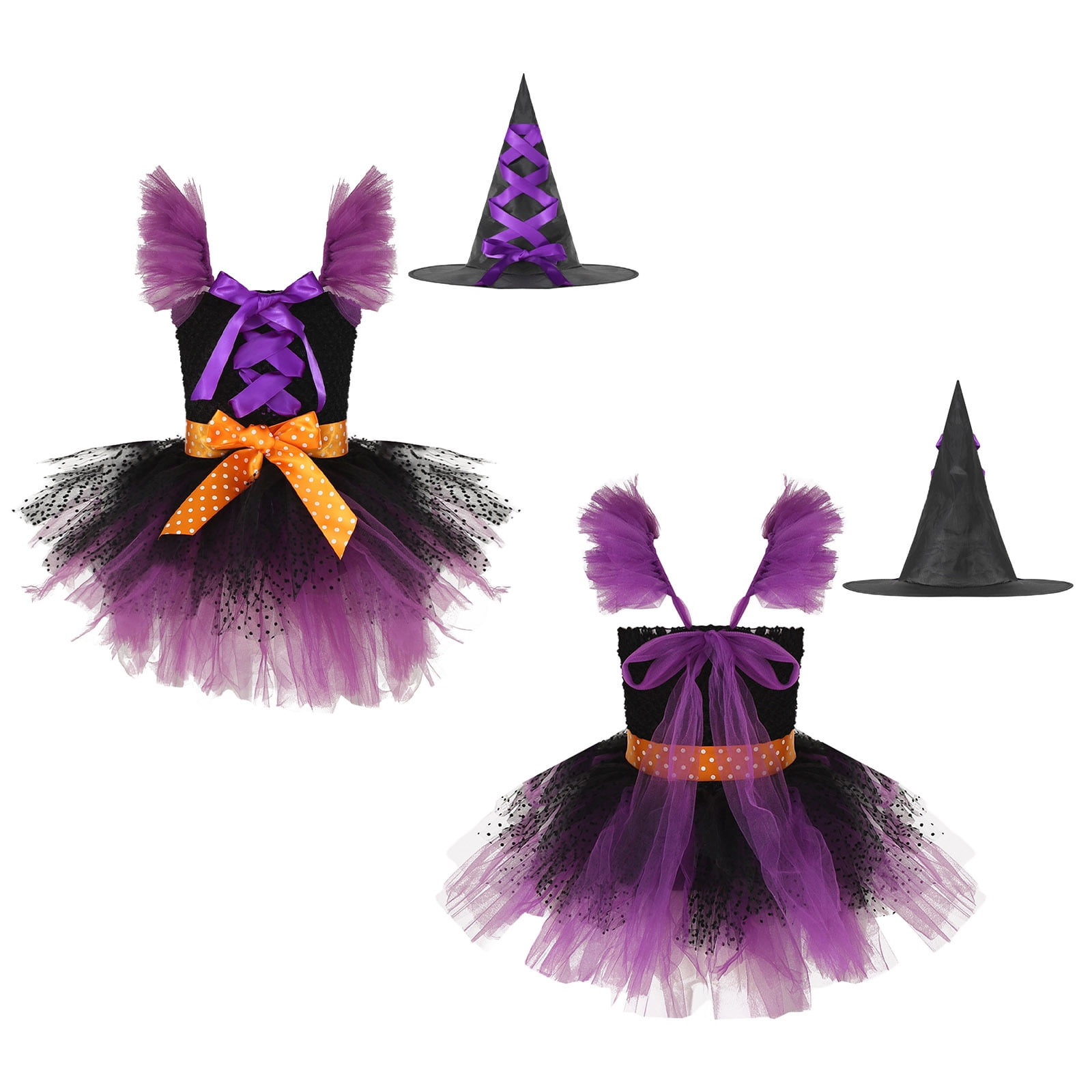 Kids Witch Costume Set - Girls Halloween Tutu Dress With Hat For Cosplay & Dress-Up Parties